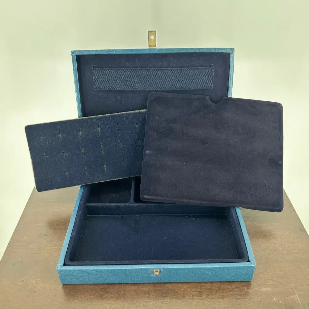 Vintage Avon Faux Leather Jewelry Box Blue Green Teal Hinged Storage Case Velvet